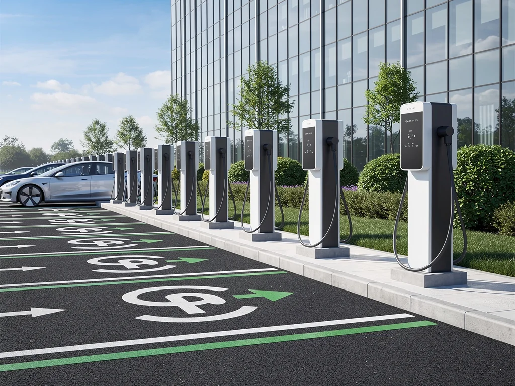Bornes de recharge sur pied alignées sur le parking d'une entreprise