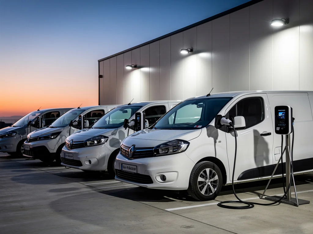 Flotte utilitaire électrique branchée sur des bornes murales professionnelles