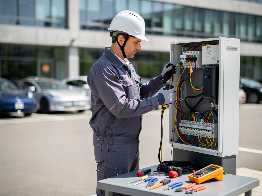 Technicien certifié IRVE raccordant une borne de recharge en entreprise