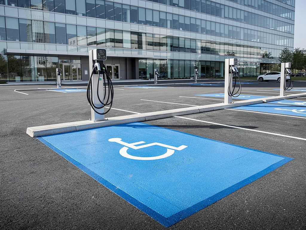 Borne de recharge accessible aux personnes à mobilité réduite sur un parking tertiaire